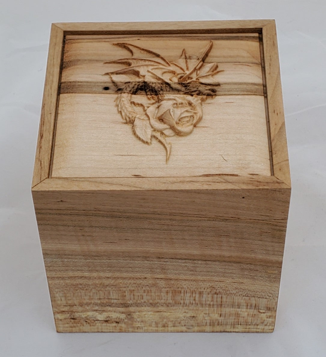 Maple keepsake box or pet urn with a carved Dragon and Rose on top cover