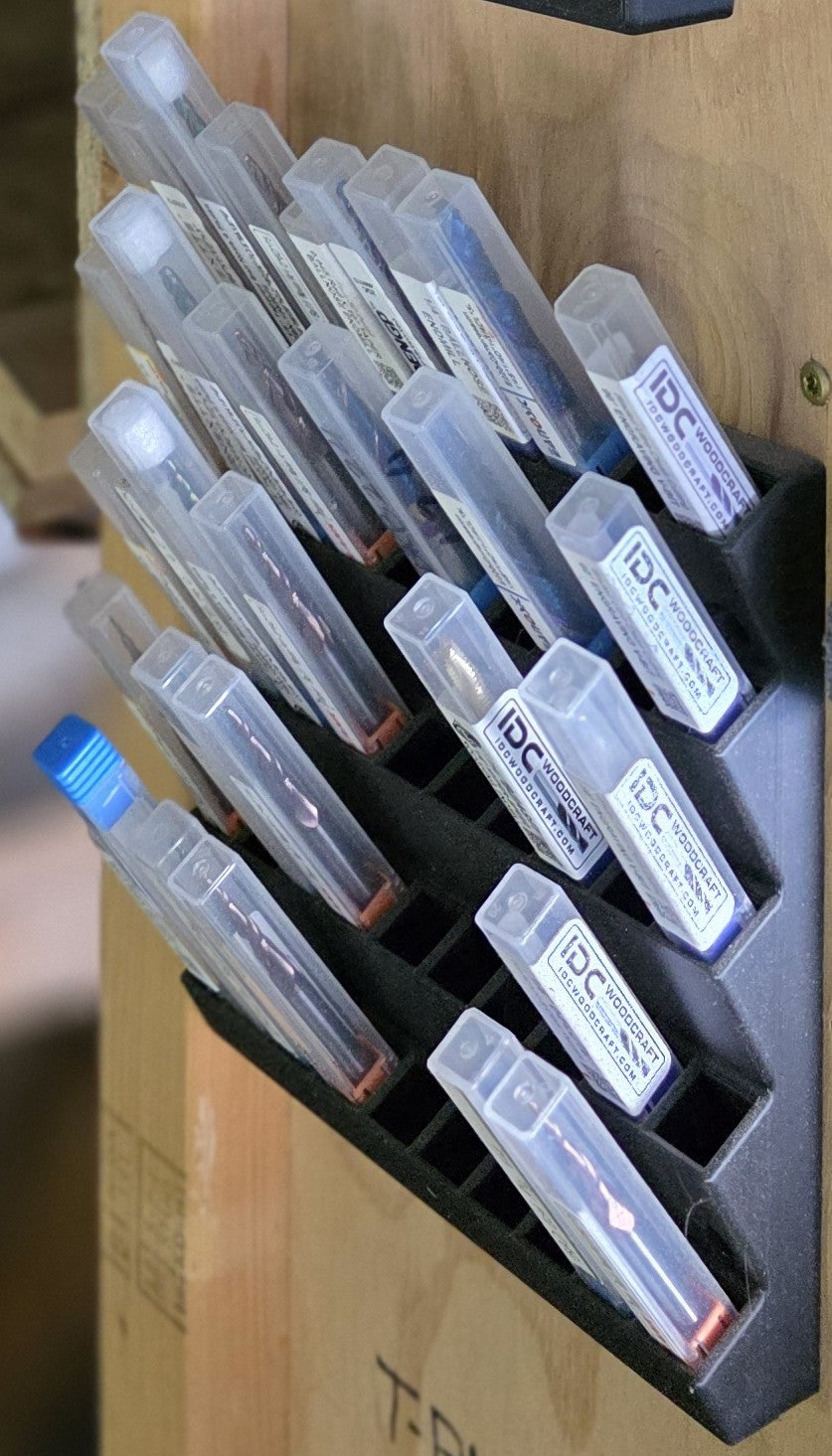CNC Bit Holder – Wall-Mounted Case Rack (Holds 50, individual 1/2" sq protective tubes)