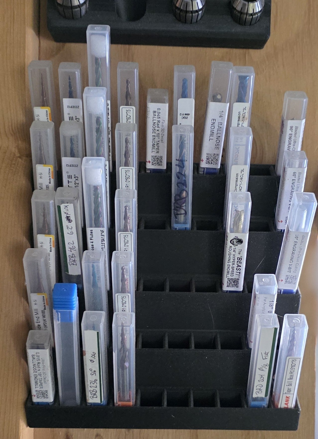 CNC Bit Holder – Wall-Mounted Case Rack (Holds 50, individual 1/2" sq protective tubes)